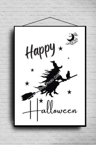 Wall Art - Happy Halloween, Black Cat, Witch, Broomstick, Spooky - Funny Wall Art