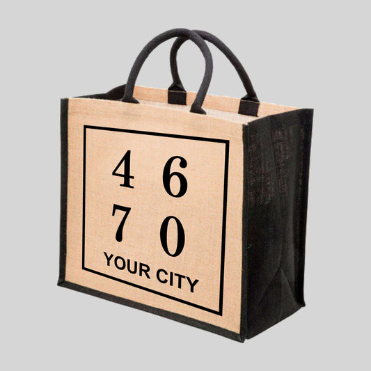 2 SIDES Custom YOUR NAME and YOUR CITY and POST CODE , Shopping Bag, Jute Tote Bag