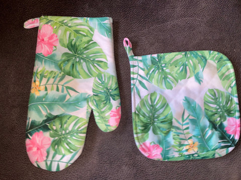 Floral with Leaves Oven Mitt and Pot Holder Set