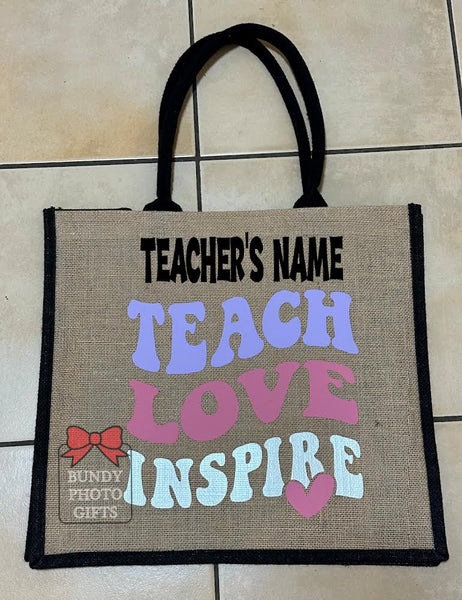 Custom TEACHER NAME, Shopping Bag, Jute Tote Bag