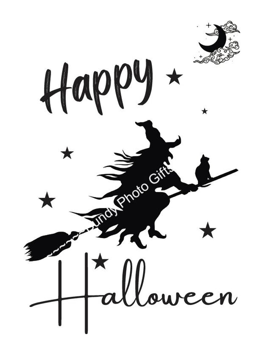 Wall Art - Happy Halloween, Black Cat, Witch, Broomstick, Spooky - Funny Wall Art