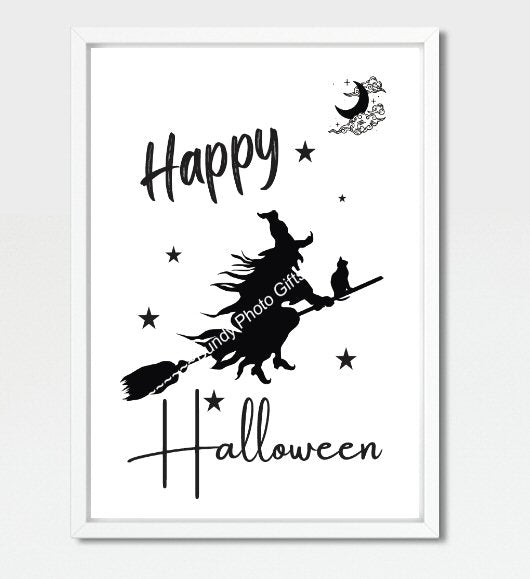 Wall Art - Happy Halloween, Black Cat, Witch, Broomstick, Spooky - Funny Wall Art