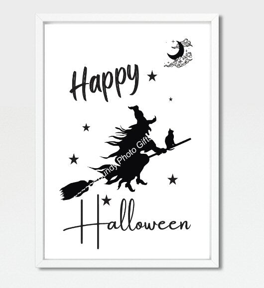 Wall Art - Happy Halloween, Black Cat, Witch, Broomstick, Spooky - Funny Wall Art