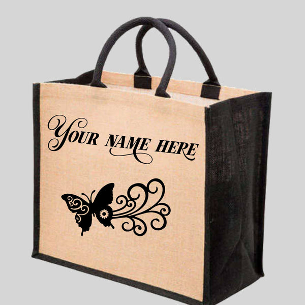 2 SIDES Custom YOUR NAME and YOUR CITY and POST CODE , Shopping Bag, Jute Tote Bag